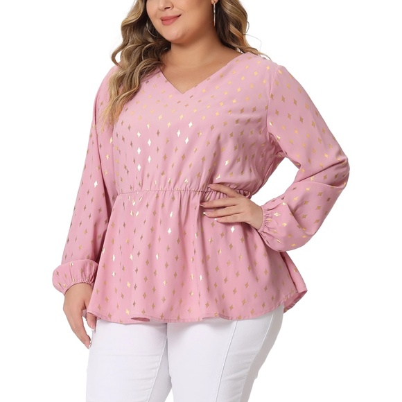NWT - VNeck Geometric Print Ruffled Elastic Waist Long Sleeved Tunic  - 2X - Picture 1 of 9